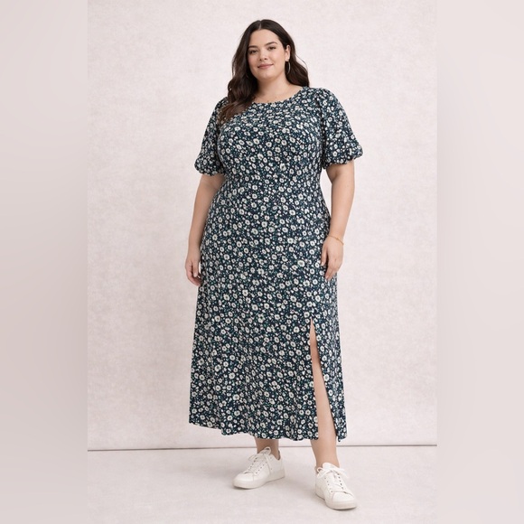 Old Navy Dresses & Skirts - Old Navy Floral Puff Sleeve Midi Dress Open Back Navy Green Size 4X